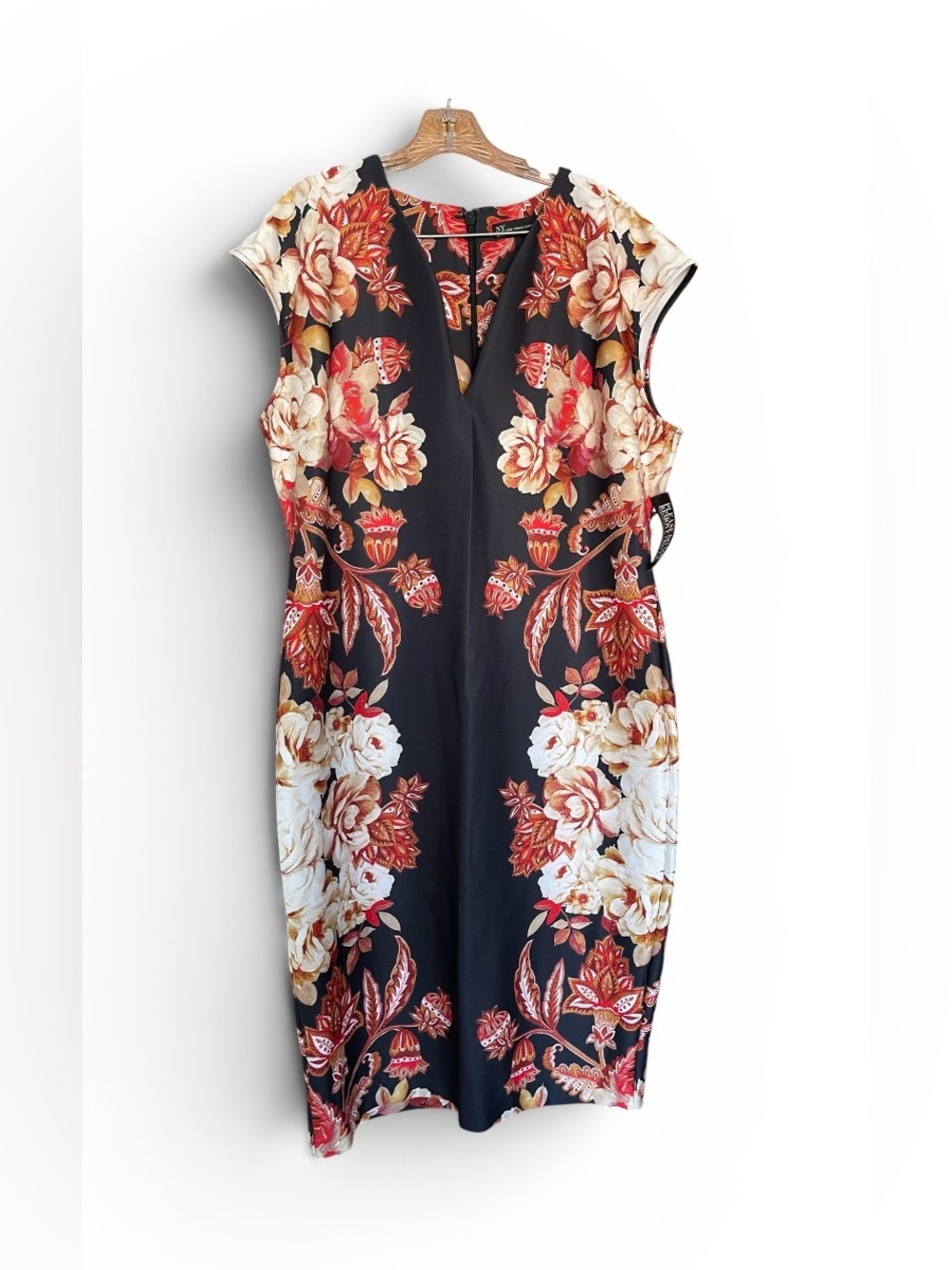 New York & Company Black Midi Dress with Red & Cream Floral Print Sz XXL NWT